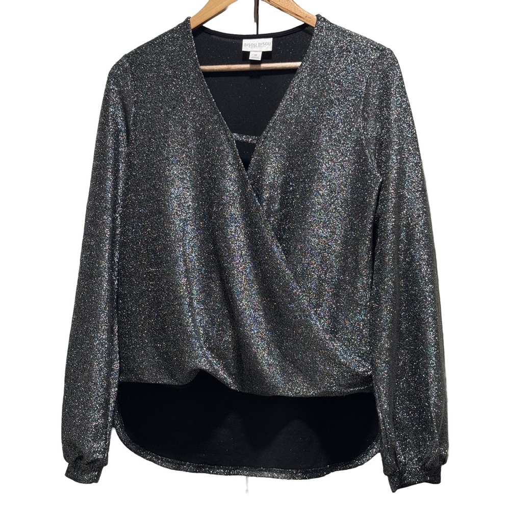 Bisou Bisou Metallic Glitter Top Black Silver Long Sleeve Wrap Style Size M